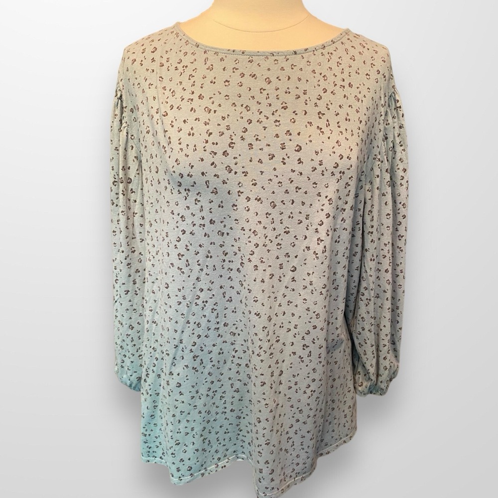 J Jill 3X Shirt Top Blue Brown Long Baloon Sleeve Womens Casual Cotton Stretch